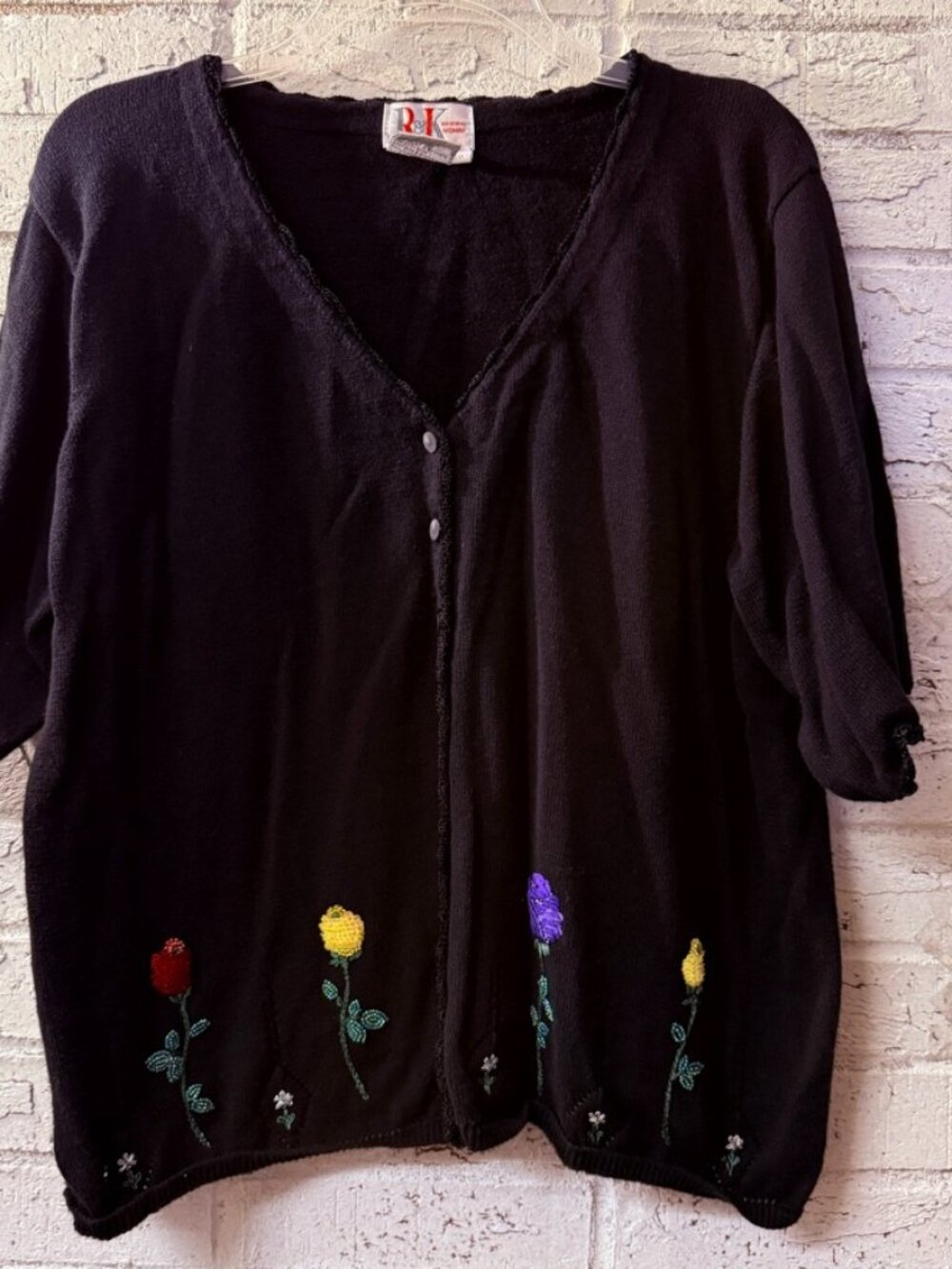 R&K Womens 20 Black Floral Embellished Cardigan Sweater Short Sleeve